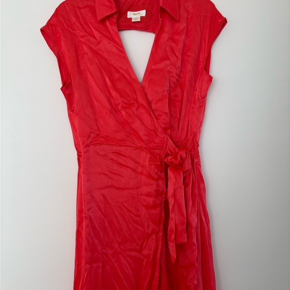 Anthropologie Maeve Coral Satin Wrap Dress - Picture 2 of 14